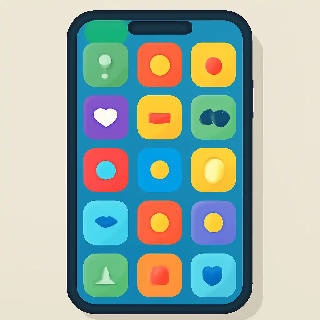 Smartphone shown from the front displaying a colourful flat layout of abstract game icons and rounded tiles (no text, no letters, no labels), 55 Club