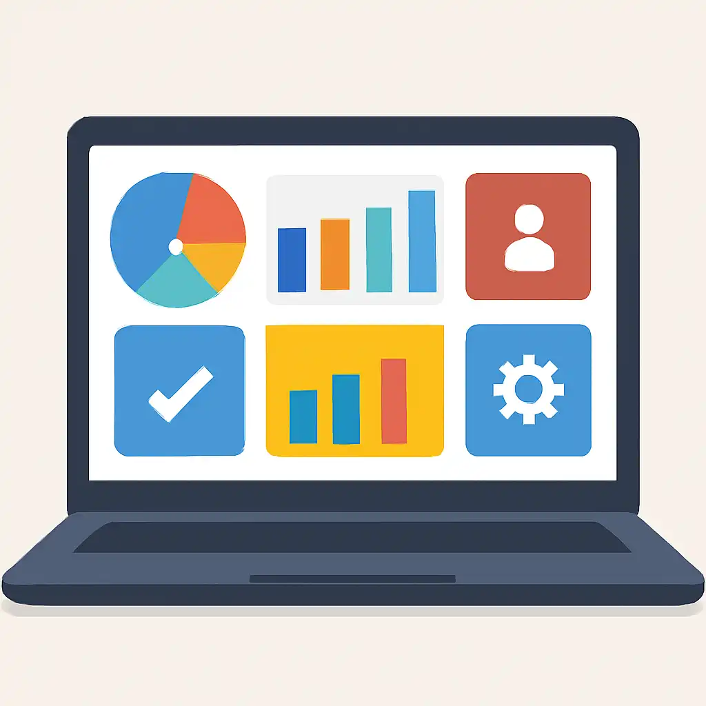Laptop shown from the front displaying a colourful flat dashboard of abstract charts, bars and icon tiles (no text, no letters, no labels), 55 Club