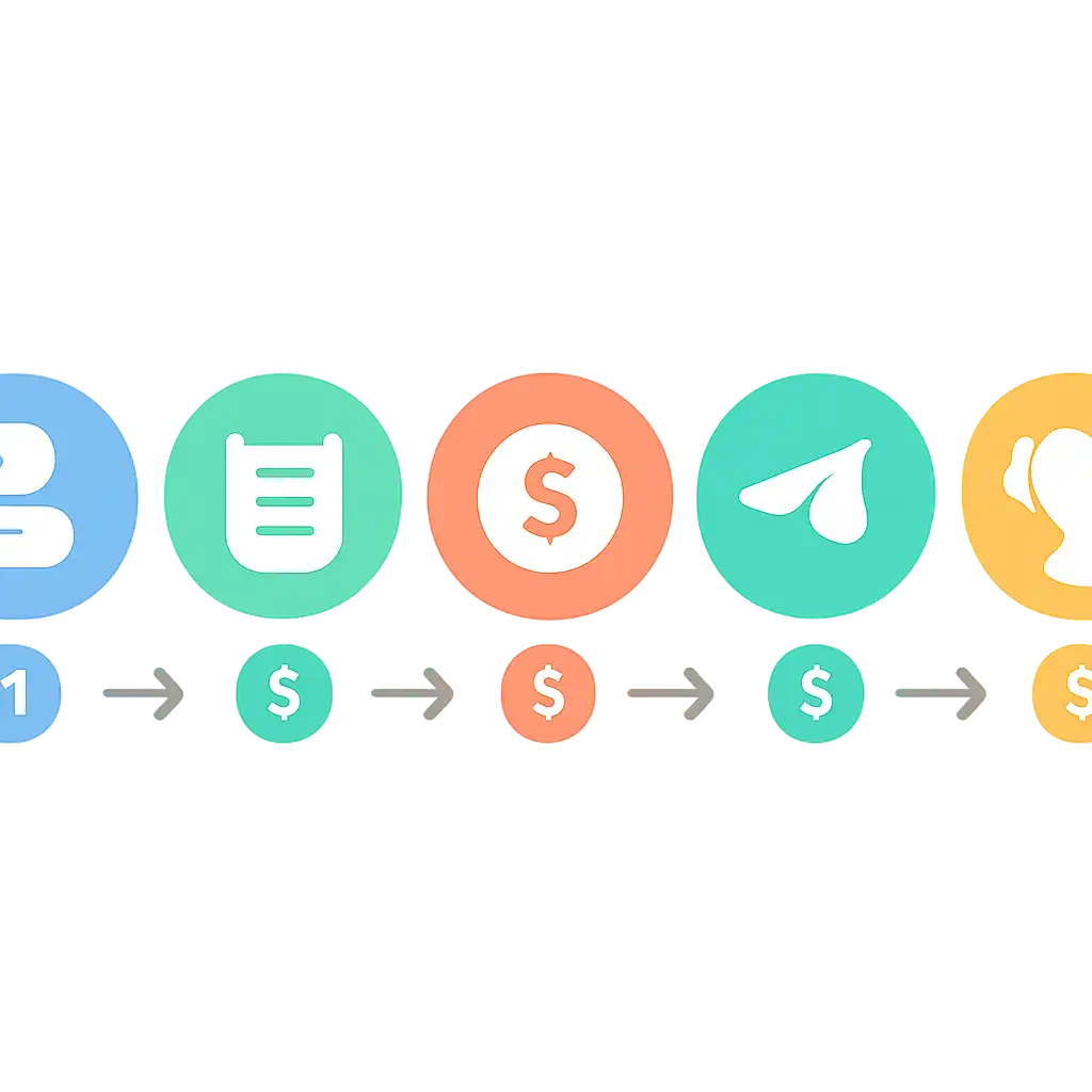 Five numbered circular icons connected by arrows in a horizontal flow, flat illustration, icons only, no words, 55 Club steps